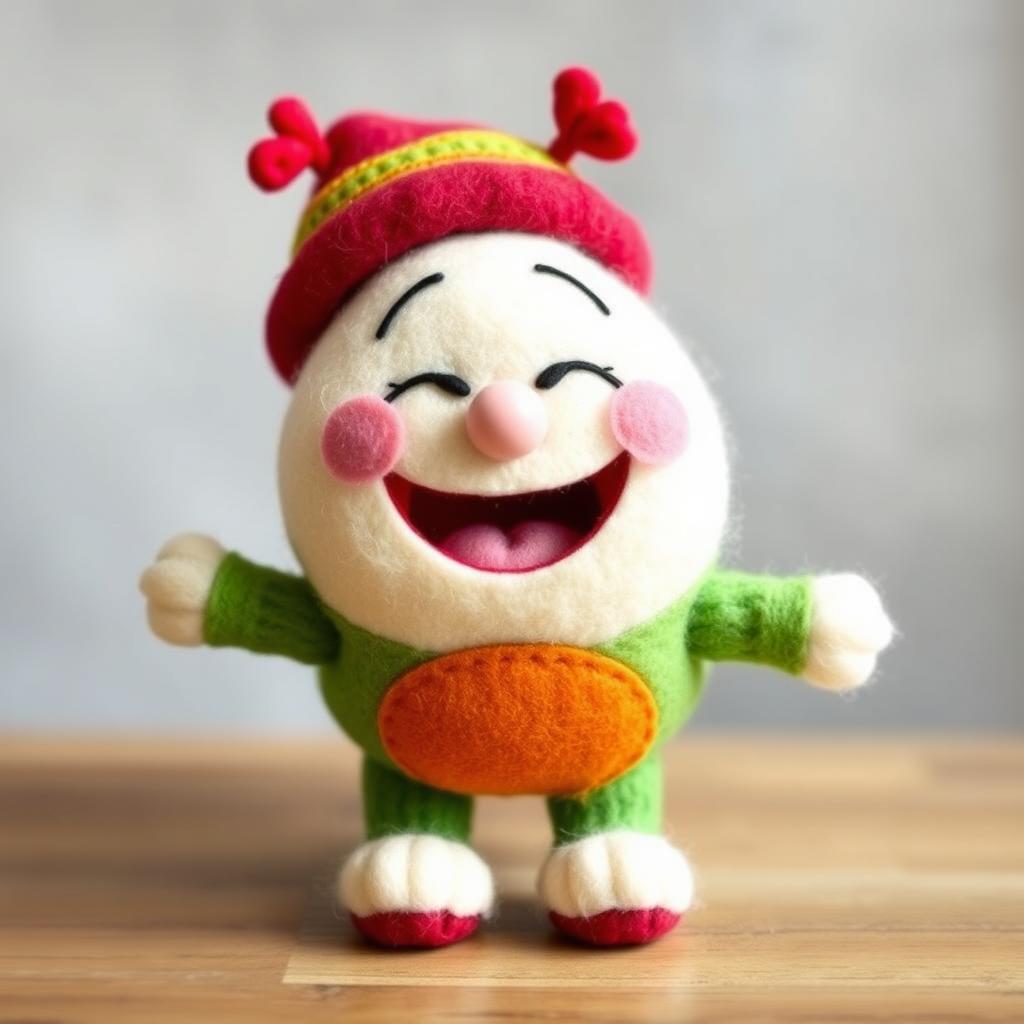 A whimsical wool felt doll named Khaan Khaanak, characterized by a round, clumsy, and lovable appearance