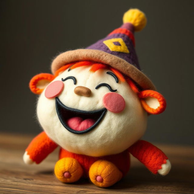 A whimsical wool felt doll named Khaan Khaanak, characterized by a round, clumsy, and lovable appearance