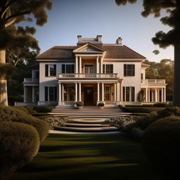 A grand traditional American villa in extreme detail, excellently captured as a high-definition 8k architectural photograph.