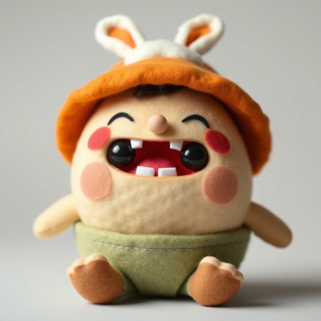 A cute wool felt doll of a chubby little boy named Khaan Khaanak, depicting a clumsy and silly character