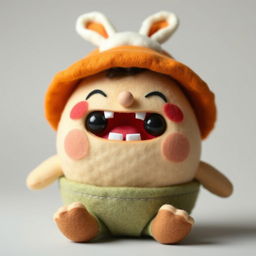 A cute wool felt doll of a chubby little boy named Khaan Khaanak, depicting a clumsy and silly character