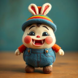 A cute wool felt doll of a chubby little boy named Khaan Khaanak, depicting a clumsy and silly character