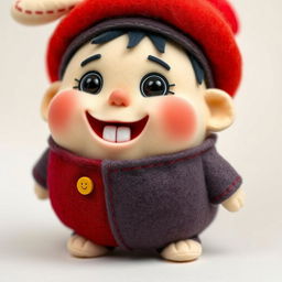 A cute wool felt doll of a chubby little boy named Khaan Khaanak, depicting a clumsy and silly character