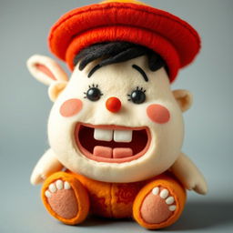 A cute wool felt doll of a chubby little boy named Khaan Khaanak, depicting a clumsy and silly character