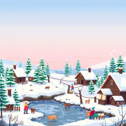 A cozy winter scene in a traditional Russian village, depicted in vibrant pixel art style