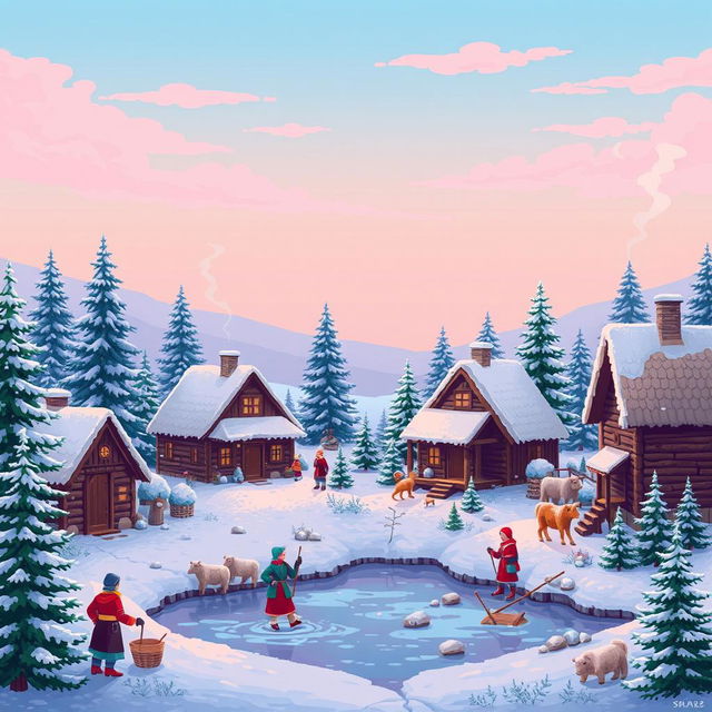 A cozy winter scene in a traditional Russian village, depicted in vibrant pixel art style