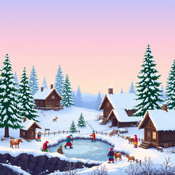 A cozy winter scene in a traditional Russian village, depicted in vibrant pixel art style
