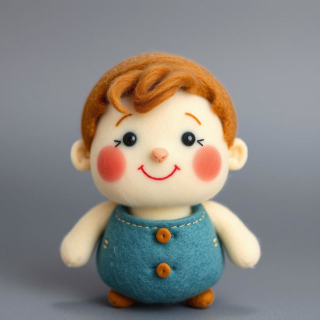 A cute wool felt doll of a chubby, round little boy