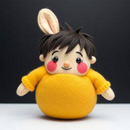 A cute and chubby wool felt doll of a seven-year-old little boy, featuring a round shape and a friendly, happy expression