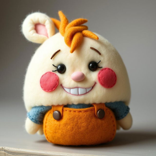 A cute and chubby wool felt doll of a seven-year-old little boy, featuring a round shape and a friendly, happy expression