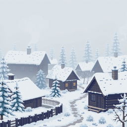 A serene winter scene in a traditional Russian village, shrouded in mist