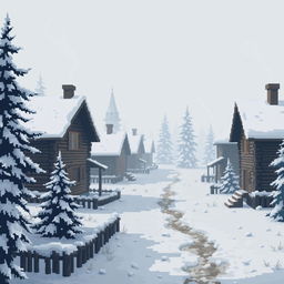A serene winter scene in a traditional Russian village, shrouded in mist
