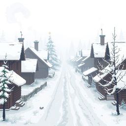 A serene winter scene in a traditional Russian village, shrouded in mist