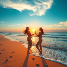 A serene beach scene at sunset, featuring two beautiful female figures standing gracefully on the shore