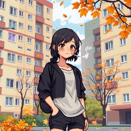 A pixel art scene depicting a schoolgirl in casual streetwear standing against the backdrop of traditional Soviet-style panel apartment buildings