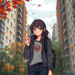 A pixel art scene depicting a schoolgirl in casual streetwear standing against the backdrop of traditional Soviet-style panel apartment buildings