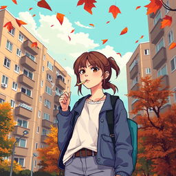 A pixel art scene depicting a schoolgirl in casual streetwear standing against the backdrop of traditional Soviet-style panel apartment buildings
