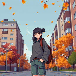 A pixel art scene depicting a schoolgirl in casual streetwear standing against the backdrop of traditional Soviet-style panel apartment buildings