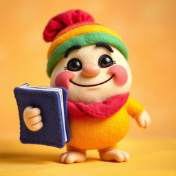 A whimsical and funny character named Khaankh, depicted as a chubby felt doll, holding a book in one hand and wearing a colorful hat