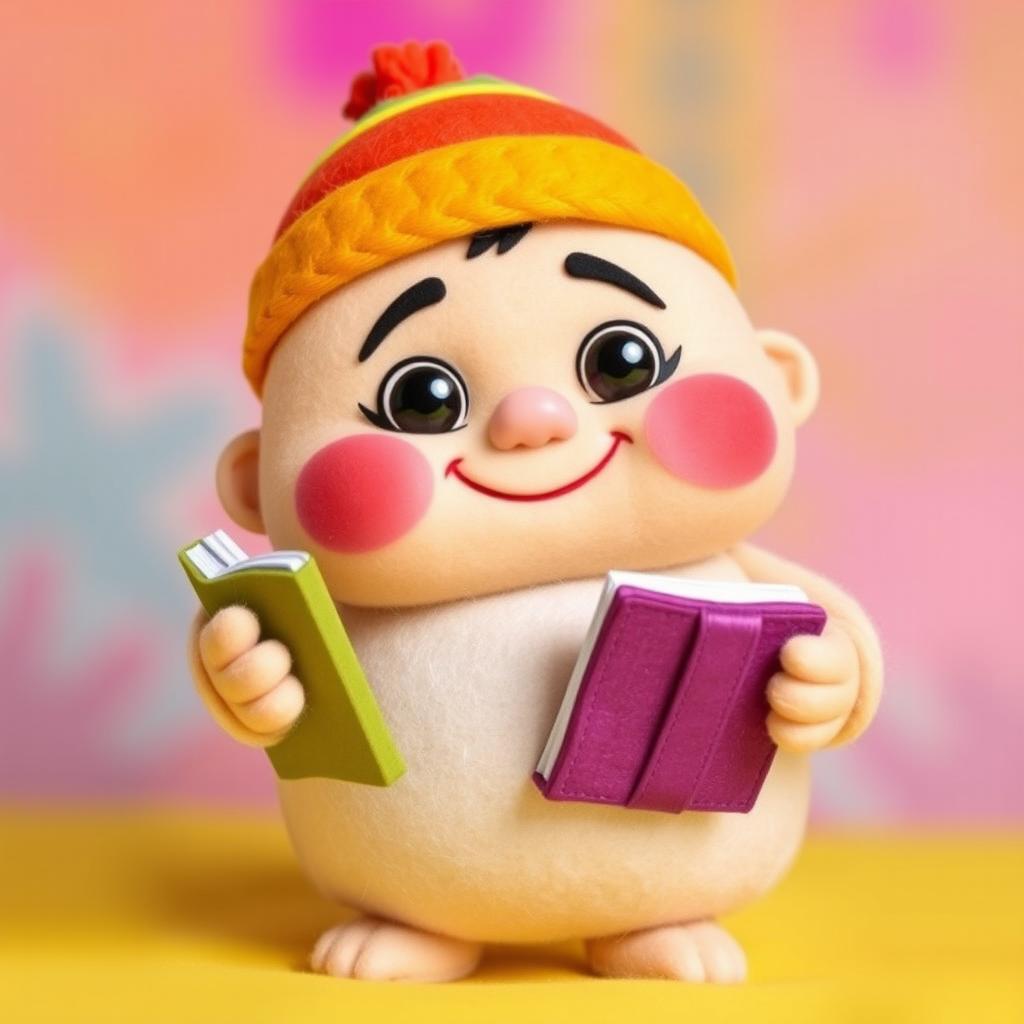 A whimsical and funny character named Khaankh, depicted as a chubby felt doll, holding a book in one hand and wearing a colorful hat