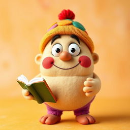 A whimsical and funny character named Khaankh, depicted as a chubby felt doll, holding a book in one hand and wearing a colorful hat