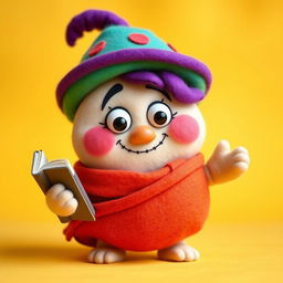 A whimsical and funny character named Khaankh, depicted as a chubby felt doll, holding a book in one hand and wearing a colorful hat