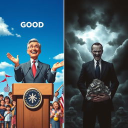 An engaging and thought-provoking scene depicting the contrast between a good and an evil politician