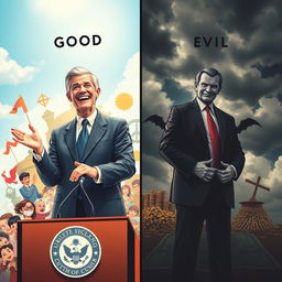 An engaging and thought-provoking scene depicting the contrast between a good and an evil politician
