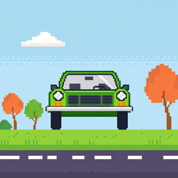 A pixelated Russian car, featuring a traditional Soviet design with blocky shapes and bright colors, set against a simplistic pixel art landscape