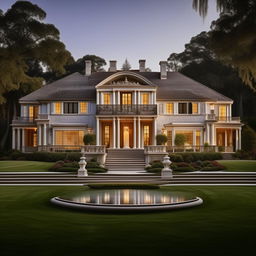 A grand traditional American villa in extreme detail, excellently captured as a high-definition 8k architectural photograph.