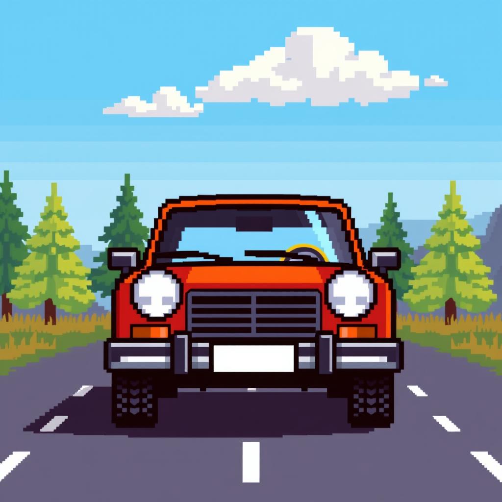 A pixelated Russian car, featuring a traditional Soviet design with blocky shapes and bright colors, set against a simplistic pixel art landscape