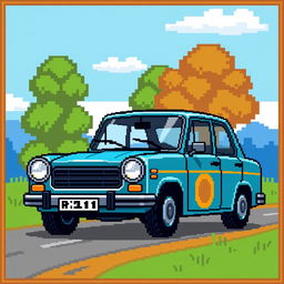 A pixelated Russian car, featuring a traditional Soviet design with blocky shapes and bright colors, set against a simplistic pixel art landscape