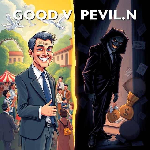 A dramatic and thought-provoking illustration showcasing the contrast between good and evil politicians