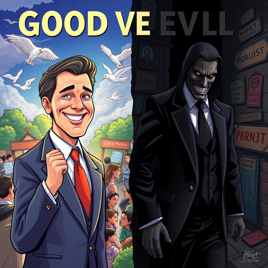 A dramatic and thought-provoking illustration showcasing the contrast between good and evil politicians