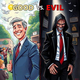 A dramatic and thought-provoking illustration showcasing the contrast between good and evil politicians
