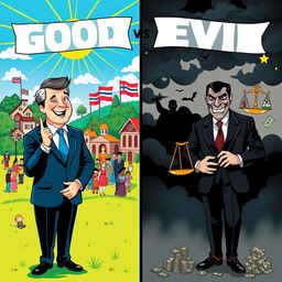 A striking illustration representing the dichotomy of good and evil politicians