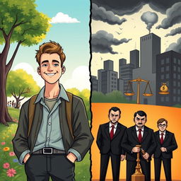 A captivating illustration contrasting a good young man with a group of evil politicians