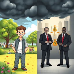 A captivating illustration contrasting a good young man with a group of evil politicians
