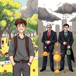 A captivating illustration contrasting a good young man with a group of evil politicians