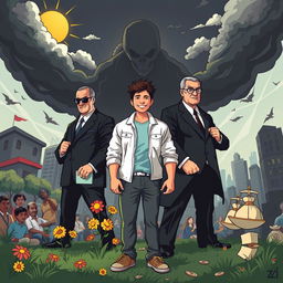 A dynamic and engaging illustration depicting the clash between a good young man and a group of evil politicians