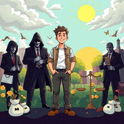 A dynamic and engaging illustration depicting the clash between a good young man and a group of evil politicians