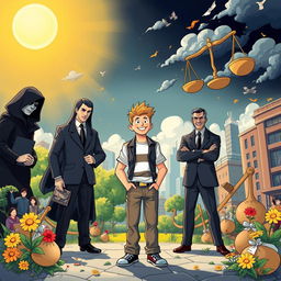 A dynamic and engaging illustration depicting the clash between a good young man and a group of evil politicians