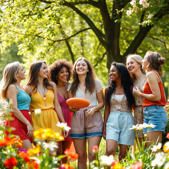 A group of diverse young women, happily interacting in a vibrant park setting, surrounded by blooming flowers and green trees