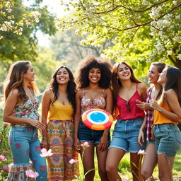 A group of diverse young women, happily interacting in a vibrant park setting, surrounded by blooming flowers and green trees