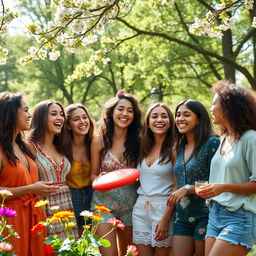 A group of diverse young women, happily interacting in a vibrant park setting, surrounded by blooming flowers and green trees