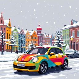 A pixel art style winter scene featuring a vibrant Russian car parked in a snowy urban setting