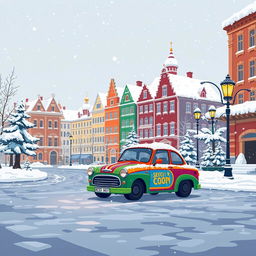 A pixel art style winter scene featuring a vibrant Russian car parked in a snowy urban setting