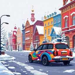 A pixel art style winter scene featuring a vibrant Russian car parked in a snowy urban setting