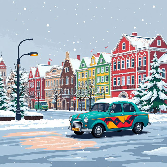 A pixel art style winter scene featuring a vibrant Russian car parked in a snowy urban setting