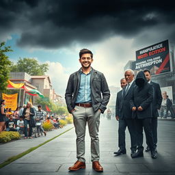 An impactful, realistic photograph showcasing the contrast between a good young man and a group of evil politicians